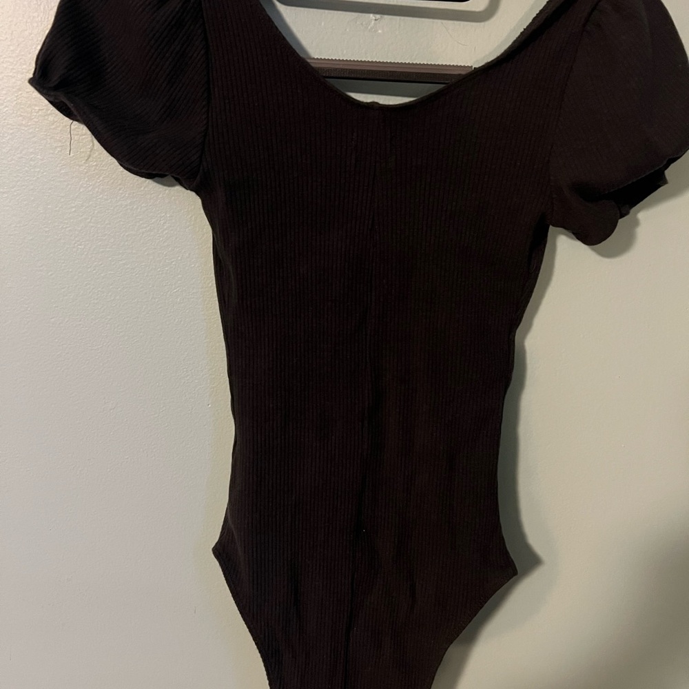 Black Ribbed Puff Sleeve One-Piece Bodysuit